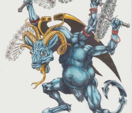 Blue demon with horns, wielding four spiked maces, blue muscular body, cape, tail.