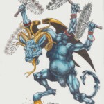 Blue demon with horns, wielding four spiked maces, blue muscular body, cape, tail.