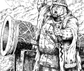 A stout man in fur clothing raises a fist beside a shielded wheeled chest on a snow battlefield.