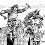 Two armored knights on a decorated horse, one raised sword, the other drinking from a horn.