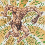 Muscular monstrous humanoid snarling, wielding clubs, leaping among twisting branches with leaves.