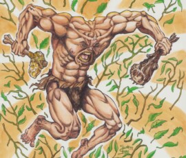Muscular monstrous humanoid snarling, wielding clubs, leaping among twisting branches with leaves.