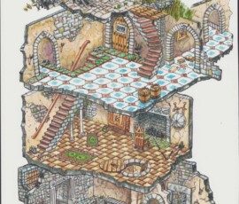 Cross-section illustration of a multi-level ancient ruin with arches, stairs, tiled floors, and a dungeon workshop; no people.