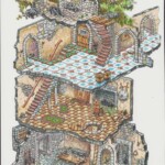 Cross-section illustration of a multi-level ancient ruin with arches, stairs, tiled floors, and a dungeon workshop; no people.
