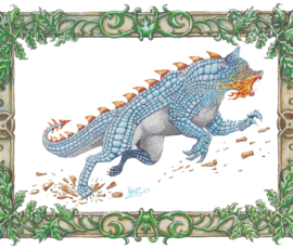 Blue scaled dragon with orange spines charging, breaking rocks, framed by leafy border