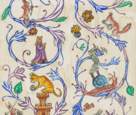 Whimsical fairy-tale scene of blue vines with animals, knights, princes, cats, snails, and castles.