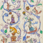 Whimsical fairy-tale scene of blue vines with animals, knights, princes, cats, snails, and castles.