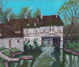 Historic half-timbered watermill by a river with bridge, boat, and trees.