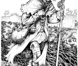 Pilgrim-like man in hooded cloak and tricorn hat with staff and sword in a field.