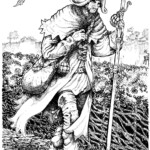 Pilgrim-like man in hooded cloak and tricorn hat with staff and sword in a field.