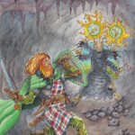 Bearded warrior in green armor with shield and sword fights a hooded necromancer in a cave.