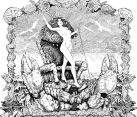 Alg the Ocean Goddess, known as the Queen of Beneath the Ocean has a human form, as well as a titanic sea serpent form. She had had two human husbands, Bronce and Beylor, and begun a dynasty with each. As an immortal, she never stays long with her human mates, and soon returns to the Ocean. Here she appears as a majestic nude woman, her dark hair decorated with sea fish. She rids a giant crustacean, one that has her throne formed on its back. The ocean crashes behind her, and the sky around her is full of seagulls. She is framed with an intense border composed of choral, snails, sea turtles, seahorses, shells, crabs, and assorted shells. 24X24” Pen-and-ink by Scott Story 2026