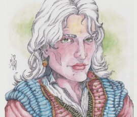 Cefrith DeMond—Also known as Sir Silvaros, the Knight of Ladies, Cefrith is a solitary faerie. He has white hair, and his uncanny beauty and piercing, magnetic green eyes make him irrestible to mortals. This legendary predator who charms maidens with poetry, song, and fatal charisma. He then strangles his victims, and his Faerie nature becomes clear when he drains the dying maids of their youth. Women, and even some men, have little defense against his brooding, soulful charm. He is merciless in his pursuit, but only takes a new victim every month or so. 14x16” pen-and-ink, DerWent Intense Colored Pencils by Scott Story 2026