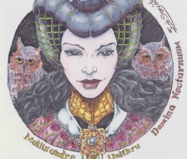The Uulthru’s are an ancient line of sorceresses descended from Vyrek the Vile, and she has many witches and werewolves in her ancestry. Mellisandre is the Uulthru matriarch, and she has icy pale skin, raven hair, a long neck, blue-grey eyes, and she wears masquera and paints her lips ruby. She has two owl familiars and wears a magic brooch. Her uncanny presence makes her stick out in any crowd. 14X16” brush-and-ink, Derwent Inktense Colored Pencils by Scott Story 2026.
