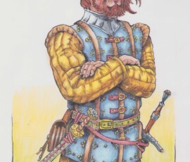 Andrew was Kegin’s star pupil (now called the Incantare Mystery School), and an archmage who penned Kegin's Codex of Marvels, which includes Andrew’s arcane commentary, a mix of handicrafts and magic, conjurations, and spells for summoning elementals. Andrew Tanner has gone on to a life of adventure, hunting relics and ancient artifacts, and he has authored many more books. He is adeptus/artificer magician. At 5’4' he is a bit short, and he has a light, fine-boned frame. His hair is red, he wears a beard and mustache, and dresses well, wearing brigandine armor, a poignard, and a longsword (all magic, of course). He comes from common roots, but he is university educated, and he has faerie in his lineage. 14x16” Brush-and-ink, Derwent Inktense Colored Pencils by Scott Story 2026