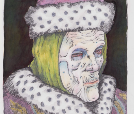 Ian Walther Sovereign Prince of Eldris appears as agaunt, very elderly scarecrow of man. His great age makes it easy to underestimate him. He is a necromancer, and still keenly aware of his surroundings and politics. He wears rich earmine furs and fabrics, and is hooded because he is always cold. 14X16” Inkense Watercolor Pencils by Scott Story, 2026.