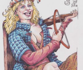 Calliope Panloon is heir to the infamous Panloon line. She is super unconventional and a free spirit. She appears as a possibly intoxicated young woman, the life of the party, quite disheveled, in a bag hat, padded gambeson, wool dress open at the cleavage, and wool stockings gartered at the knee. She is a troubaritz, a female troubadour. Art by Scott Story 14-16" Brush and In with Derwent Water Soluble Colored Pencils and Prismacolor Colored Pencils.