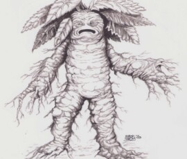 Mandrake root is surrounded by weird folklore, mostly because it can grow in a humanoid shade. This one, however, has been animated and set free. Ink wash art by Scott Story, 14x16", 2026.