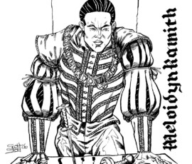 Scowling in permanent anger and simmering intensity as he has done for more two centuries in Aorlis, the immortal general Meloidyn Kamith glares at you. On the desk before him is an antique gladius sword and a rondel dagger. He wears rich, medieval or Renaissance finery, and his black hair is swept back. He wears a heavy, gold chain of office mounted with a black mirror. Art by Scott Story 14x16" brush and ink.