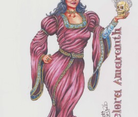 Melora Amaranth is the daughter of Matilda Ameranth, and immortal sorceress in Thalium. She wears rich, red clothing with cloth-of-gold hems and inset gems, and she also wears fine jewelry. She has a vixen physique. She is a talented sorceress in her own right. Art by Scott Story 14x16" Brush and ink, Derwent water soluble pencils, Prismacolor colored pencils, acrylic markers