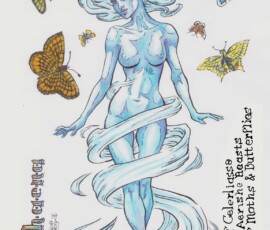 Seraphaena is the Goddess of Celerliasse, Queen of Aerishe Beasts, and Mother to Moths and Butterflies. She appears as a nude faerie woman amid swirling mists, and even her hair appears tornado-like. She is part of the Realms of Aorlis Fantasy Setting.14x16” brush and ink.Art by Scott Story, 2026.
