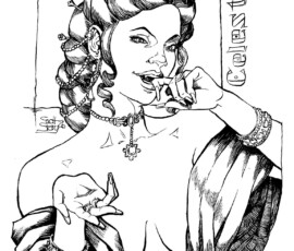 Celestinia Mistress of Vampires is nearly two millennia old, and she is very flirtatious. She is equally as cruel. Here she appears with one finger in her fanged mouth, the other hand beckoning, with her cleavage exposed. She wears beautiful jewelry, and her hair is piled high. Art by Scott Story, 2026.
