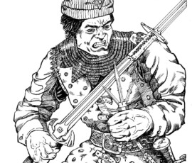 Peridwin is a paladin and vampire, and his mission is destroying other vampires. He won't feed on humans, but feeding on vampires he has destroyed has given him great power. He wields a modified medieval longsword specialized for half swording, and spring-operated triple dagger. 14"x16" Brush Ink Art by Scott Story, 2026.