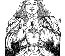 Quinal Silvervale is Gruagach of the Blackvale Forest. This means that he's a top-tier Faerie lord, a mythical being thought to control the entire Blackvale Forest. Like most Faeries he is insanely beautiful, and as terrestrial elf he dresses in great opulence. He is leaning back and assessing the viewer across steepled fingers. Art by Scott Story, 14"x16", Brush and Ink.
