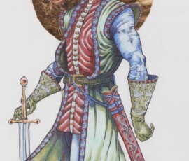 Aubronne of Durlin is the son of Aubrette, a Lady of the Lake, and he is both beautiful and the perfect knight. He wears fine clothes emblazoned with the Lady's swans, and his gauntlets sport the silver dragon of his natural father, Eldred McKolthen. Art by Scott Story 14x16" Brush and ink, pen and ink, and gold leaf.