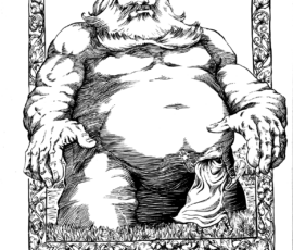 The Blue Man of Taeglos is a mythological figure in Thalium. He is not a Fay, giant, or elemental, but a primal river god. He appears as a massive, obese man, easily 30' tall, with blue skin and hair. The man who has approached him in the drawing is a young Gregor of Thalium, who has come to ask for (and receive) the strength he needs to battle Jotun invaders. The border is decorated in complex floral patterns. Brush and Ink with filigree and calligraphy 14x16" by Scott Story 2026.