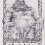 The Blue Man of Taeglos is a mythological figure in Thalium. He is not a Fay, giant, or elemental, but a primal river god. He appears as a massive, obese man, easily 30' tall, with blue skin and hair. The man who has approached him in the drawing is a young Gregor of Thalium, who has come to ask for (and receive) the strength he needs to battle Jotun invaders. The border is decorated in complex floral patterns. Shaded Pencils, 14x16" by Scott Story 2026.