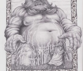 The Blue Man of Taeglos is a mythological figure in Thalium. He is not a Fay, giant, or elemental, but a primal river god. He appears as a massive, obese man, easily 30' tall, with blue skin and hair. The man who has approached him in the drawing is a young Gregor of Thalium, who has come to ask for (and receive) the strength he needs to battle Jotun invaders. The border is decorated in complex floral patterns. Shaded Pencils, 14x16" by Scott Story 2026.