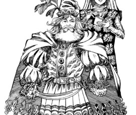 Gaurant Beryl III is the ruler of Kaldur, which commands great wealth and many ships. He is also very short, a fact that troubles him deeply. He is dressed in outlandish medieval clothing (14th century), and he is accompanied her by his Dowager Mother, Marina. Gaurant is armed with a rondel and a kilij. Marina's supertunic is emblazoned with golden scrollwork, and she is leaving through her book of common prayers. Pen-and-ink and brush-and-ink, 14x16" art by Scott Story, 2026.