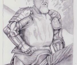 This is an experienced and powerful late medieval knight in jousting armor astride his horse. The knight is overweight and bald, but still a force to contend with. Joust knight is a 14x16" shaded pencil/graphite drawing by Scott Story 2026.
