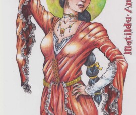 Matilda is a vindictive and ancient sorceress from Thalium who has not been seen for a generation. She is wicked, for sure. She wears a deep red gown with lace fringes, and a full panoply of jewelry. She appears to be in her late twenties and presents herself as beautiful. She is posed with one hand to her head and the other to her hip. 14x16" art by Scott Story 2026.