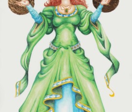 Aubrette is a Lady of the Lake in Noelred, Aorlis, and as such she is a powerful Fae sorceress. She appears floating above the waters of Durlin Lake, and she has beautiful red hair, a rich green gown, and she wears a labradorite, the gem associated with Faerie. and her dress is emblazoned with swans. She is a watercolor, plus some gold leaf, 14x18" art by Scott Story