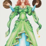 Aubrette is a Lady of the Lake in Noelred, Aorlis, and as such she is a powerful Fae sorceress. She appears floating above the waters of Durlin Lake, and she has beautiful red hair, a rich green gown, and she wears a labradorite, the gem associated with Faerie. and her dress is emblazoned with swans. She is a watercolor, plus some gold leaf, 14x18" art by Scott Story