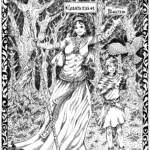 In the forest, this shows an attractive young woman (Emaline), a wizard with a carved wooden staff, and a preteen boy (Kegin) who is holding up his gauntleted hand for a sparrowhawk to land on. Emaline's walking stick is heavily carved. They both wear medieval clothing, and the background includes gnarled trees (oaks), mushrooms, small flowers, etc. 14x16" pen and ink and brush and ink with calligraphy and filigree art by Scott Story 2026