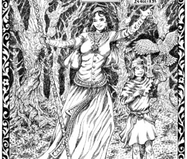 In the forest, this shows an attractive young woman (Emaline), a wizard with a carved wooden staff, and a preteen boy (Kegin) who is holding up his gauntleted hand for a sparrowhawk to land on. Emaline's walking stick is heavily carved. They both wear medieval clothing, and the background includes gnarled trees (oaks), mushrooms, small flowers, etc. 14x16" pen and ink and brush and ink with calligraphy and filigree art by Scott Story 2026