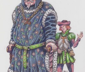 Brandon Talbot III is a noble who suffers from giantism. In his youth it gave him strength and and advantage over foes, but now he has grown obese, and joint problems cause him to rely on two canes. He is dressed in medieval Burgandian clothing. His squire, of normal height, is shown with him for size comparison. Prismacolor Pencils and Pen-and-Ink by Scott Story, 14x16", 2026.