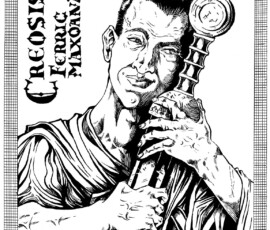Creosis appears as a middle-aged Karmithian Pontifex, wearing a toga, with a large nose. He is enraptured by his spatha sword which has an addictive element worked into its magic. The sword is called Ferric Maxoanal, and it channels undead energy. 14x16” brush and ink by Scott Story 2026