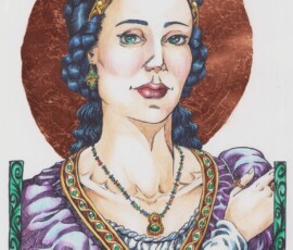 Emerald is the magister in who runs Kegin's School of Mystery. She appears as an attractive woman, about 40-years-old, in the clothing and jewelry of a gentlewoman. She has a knowing look and dark hair. Her hair is arranged in elaborate braids with a ribbon of pearls. 14x16" brush and ink with Inktense pencils, calligraphy, filigree, and copper gilding by Scott A. Story 2026.