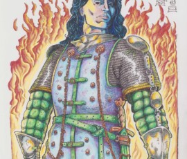 Sir Kynrick was an oathbreaker and villain in his first life, so after he died he became an enforcer in Hell. Time and again he has returned to Aorlis to bedevil the living, and there seems to be no end to him. He appears as an arrogant knight with long hair and disdainful eyes wearing a brigandine. His time in Hell have given him many infernal powers and allies to call upon. 14x16 brush and ink, pen and ink, and Prismacolor pencils by Scott Story 2026.