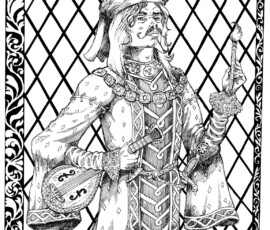 Called the Mad Composer, Mayfor Panloon appears as a noble troubadour holding a lute and an upraised paintbrush. He is well-dressed, with a bag hat, fine sword, solar and lunar collar, and rich chain of rank. He has long, blond hair, a curl-tipped mustache, and a curled pointy beard. He represents a certain type of unhinged creativity. 14x16 pen and ink and brush and ink, with filigree and calligraphy, by Scott Story 2026