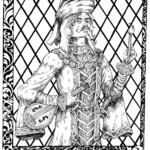 Called the Mad Composer, Mayfor Panloon appears as a noble troubadour holding a lute and an upraised paintbrush. He is well-dressed, with a bag hat, fine sword, solar and lunar collar, and rich chain of rank. He has long, blond hair, a curl-tipped mustache, and a curled pointy beard. He represents a certain type of unhinged creativity. 14x16 pen and ink and brush and ink, with filigree and calligraphy, by Scott Story 2026
