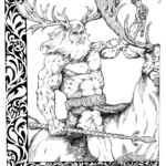 The Wild Huntsman appears as a heavily muscled old man with a long white beard, black eyes, and antlers on his head. He wears a kilt, and he is heavily tattooed with Celtic patterns. He bears a Celtic spear and an ornate hunting horn. He rides a giant stag. Pen and ink with brush and ink and calligraphy, 14x16" by Scott Story 2026