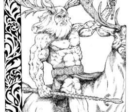 The Wild Huntsman appears as a heavily muscled old man with a long white beard, black eyes, and antlers on his head. He wears a kilt, and he is heavily tattooed with Celtic patterns. He bears a Celtic spear and an ornate hunting horn. He rides a giant stag. Pen and ink with brush and ink and calligraphy, 14x16" by Scott Story 2026