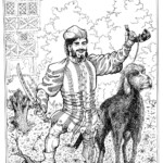 In Arthurian Literature, dwarves bear only a passing resemblance to J.R.R. Tolkien's dwarves. In the King Arthur mythos, dwarves have different roles, including the court dwarf, who acts as a guide, sounding board, and attendant to knights and nobles. This jovial dwarf, Albert, wears courtly clothing, has a short beard, bears a hunting sword and an ivory hunting horn, and is pictured alongside a wolfhound. Behind him is a period correct hunting lodge. 12x16" pen and ink art by Scott A. Story 2026.