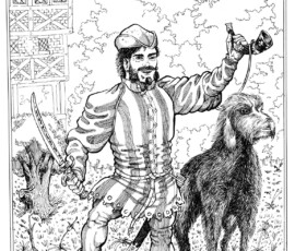 In Arthurian Literature, dwarves bear only a passing resemblance to J.R.R. Tolkien's dwarves. In the King Arthur mythos, dwarves have different roles, including the court dwarf, who acts as a guide, sounding board, and attendant to knights and nobles. This jovial dwarf, Albert, wears courtly clothing, has a short beard, bears a hunting sword and an ivory hunting horn, and is pictured alongside a wolfhound. Behind him is a period correct hunting lodge. 12x16" pen and ink art by Scott A. Story 2026.
