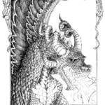 Bloodwrath the dragon lost an eye battling the Martins of Hempton of Aorlis, and this monster holds a grudge. He lives in the Dithmurge swamp and dreams of revenge. 12x16" pen and ink by Scott A. Story 2026 with calligraphy and a decorative dragon frame.